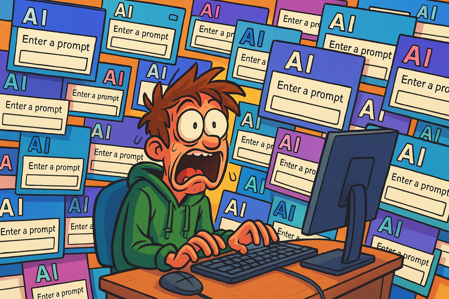 Overwhelmed person surrounded by countless AI service prompts
